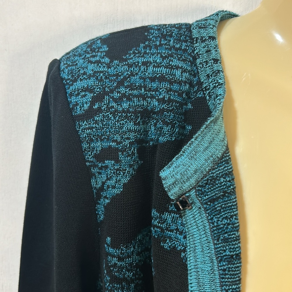 MING WANG OPEN CARDIGAN SWEATER WOMEN Sz SMALL BLACK AQUA FLORAL LONG SLEEVES - Picture 6 of 11